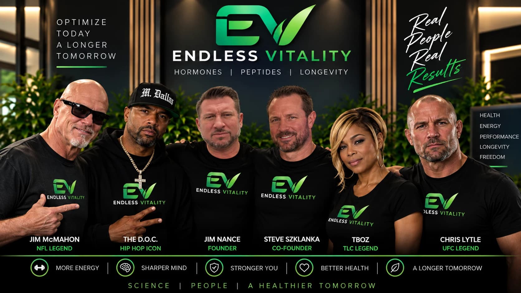 The Endless Vitality team and ambassadors — Jim McMahon (NFL legend), The D.O.C. (hip-hop icon), Jim Nance (founder), Steve Szklanka (co-founder), TBOZ (TLC legend) and Chris Lytle (UFC legend). Real people, real results. Hormone, peptide, and longevity clinic in Tempe, Arizona