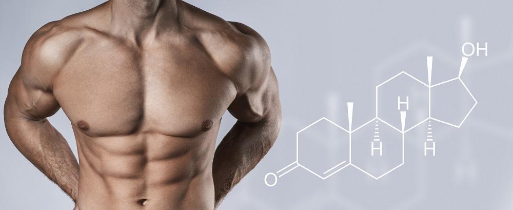 Muscular torso with chemical structure overlay.