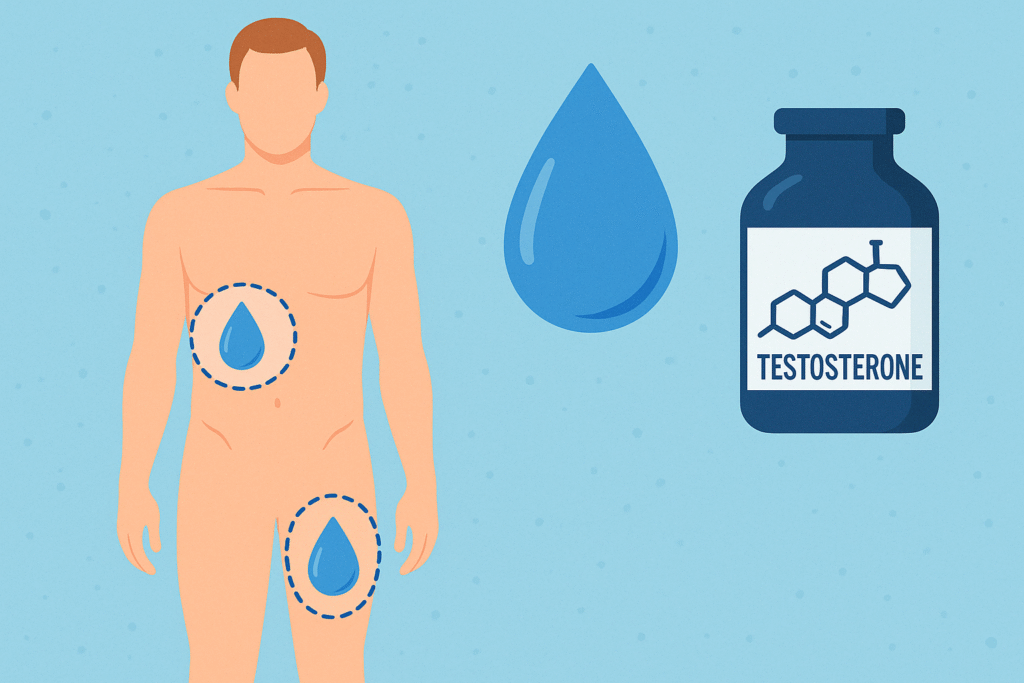 Male anatomy illustration with testosterone bottle.