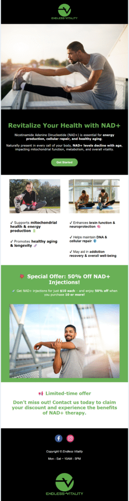 Man exercising, promoting health products and discounts.