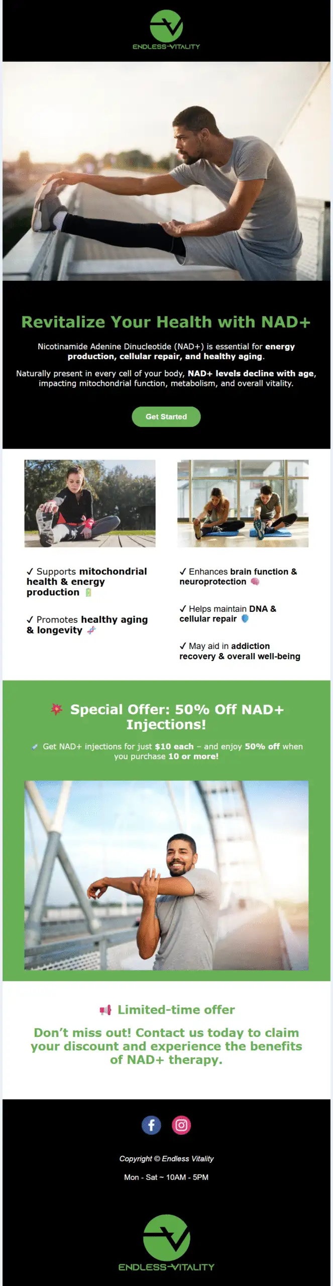 Man exercising, promoting health products and discounts.