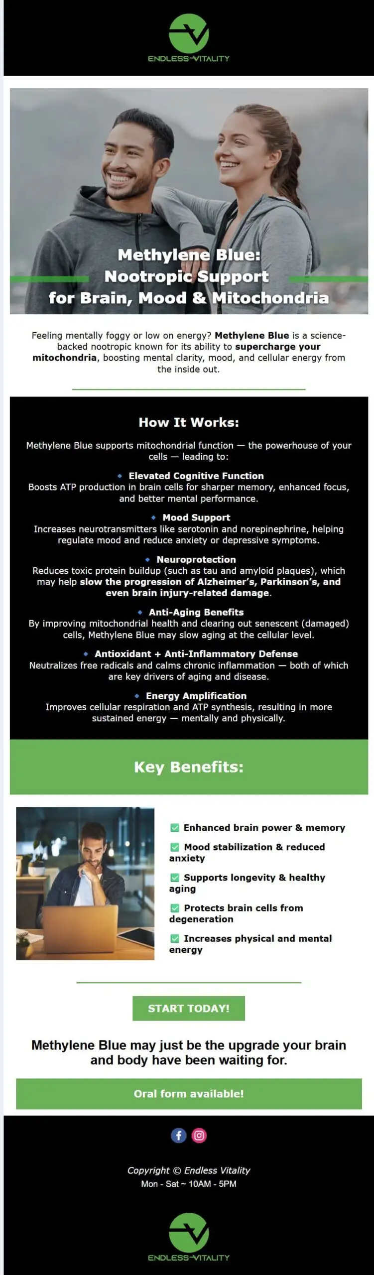Nootropic supplement benefits and testimonials flyer.